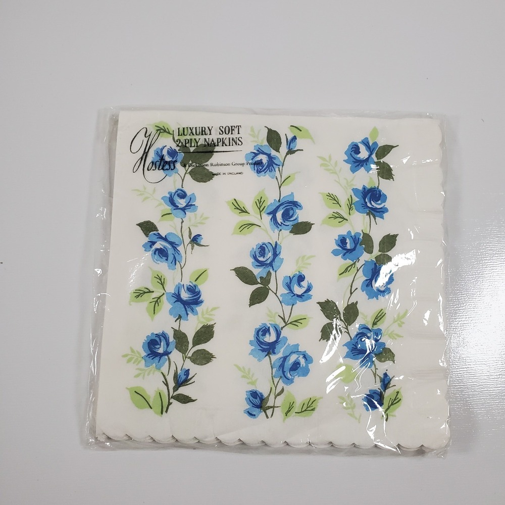 Vintage Hostess Blue Rose Design Luxury Soft 2 Ply Dinner Napkins - 1 Pack of 10